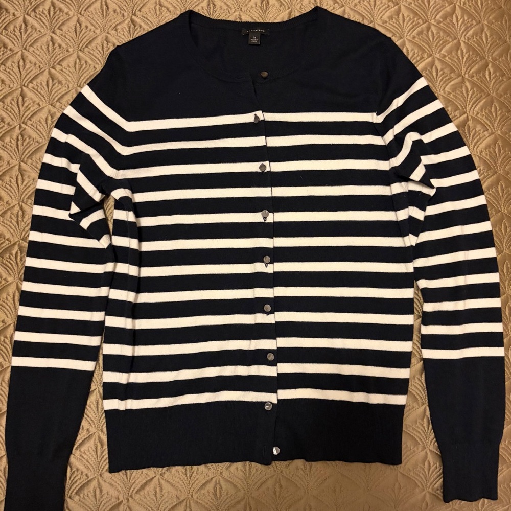 Striped Navy and White Women's Sweater - Ann Taylor Cardigan